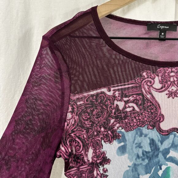 Express Vintage Y2K Purple Pink Floral Mesh Long Sleeve Top Womens Size M Art - Picture 6 of 10